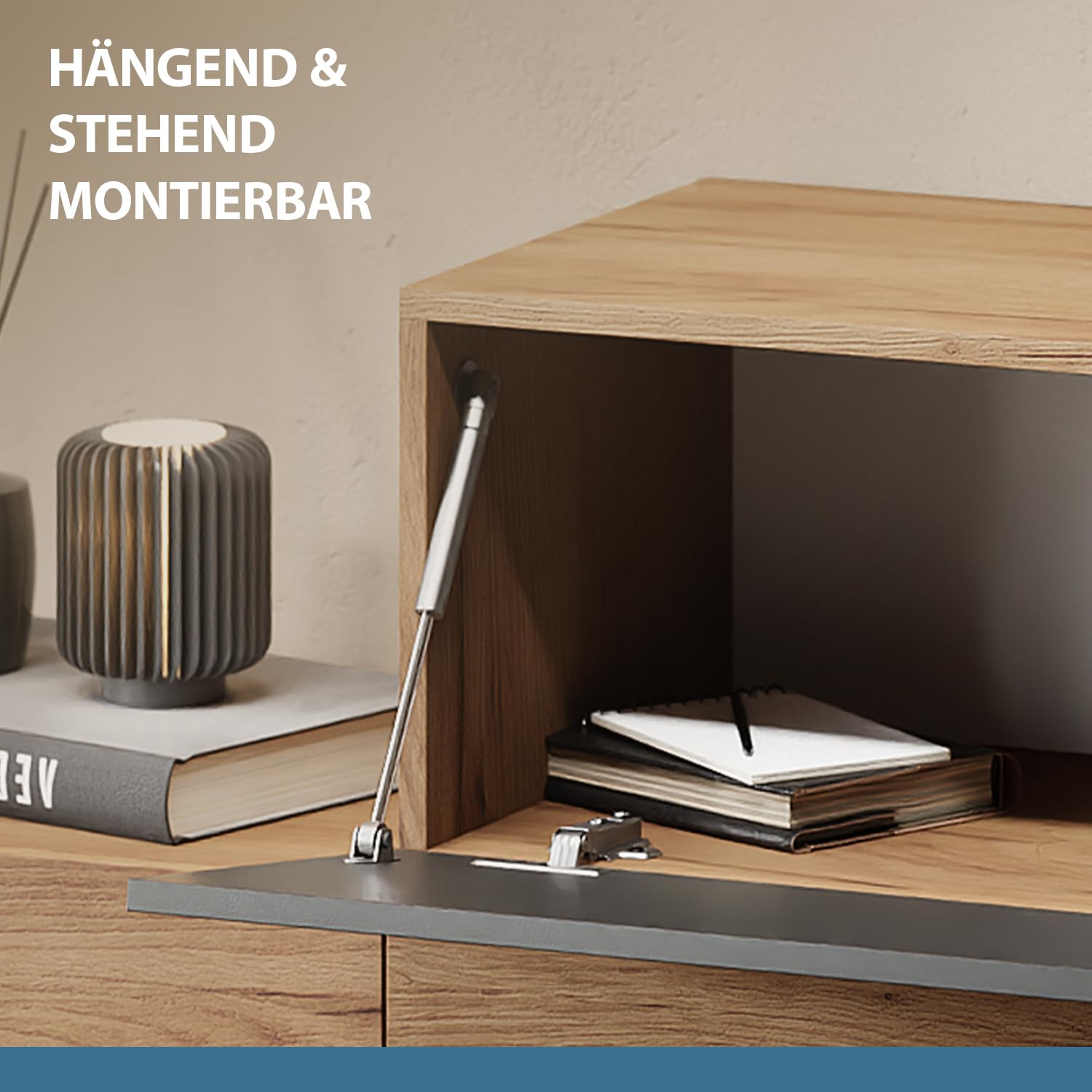 Planetmöbel TV Schrank 280 cm Wohnwand Lowboard Set für Fernseher 65 Zoll | Wohnzimmer Fernsehtisch viel Stauraum, hängend, 2x Fernsehschrank 140 x 30 x 37,5 cm, gold eiche & charcoal