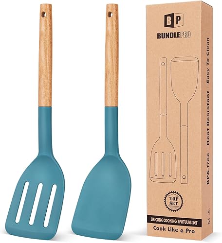 Miniatura 13 de Paquete de 2 espátulas de cocina de silicona, espátulas sólidas resistentes al calor, espátulas ranuradas antiadherentes con mango de madera, juego