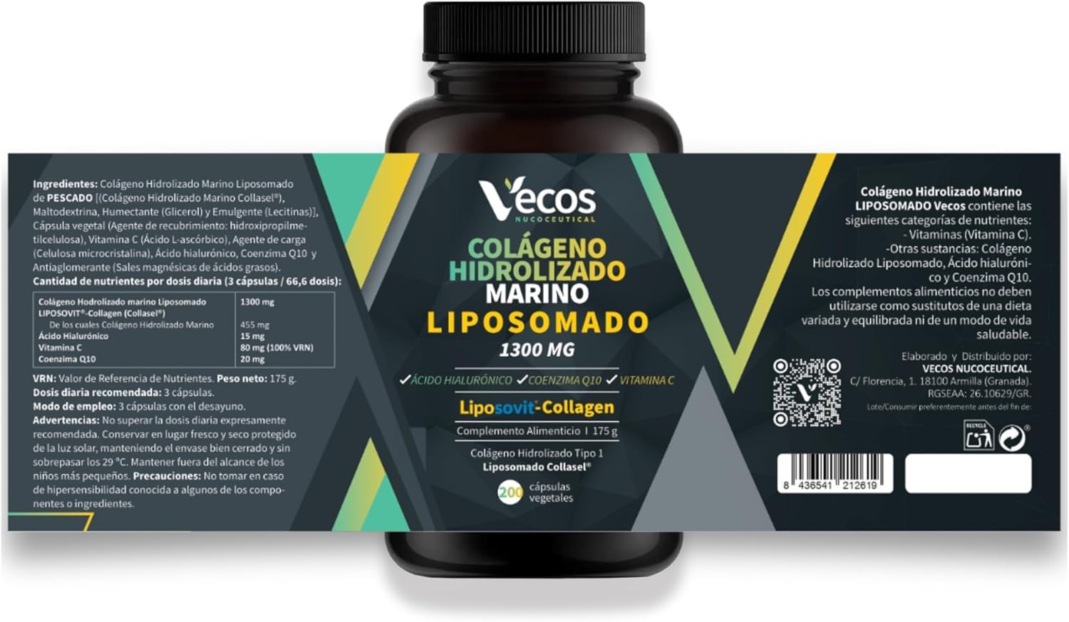 Colágeno Marino Liposomado Collasel® con Ácido Hialurónico, Vitamina C y CoQ10 – Alta Absorción para Piel, Cabello y Uñas – 200 Cápsulas (600 Cápsulas (3 Botes))