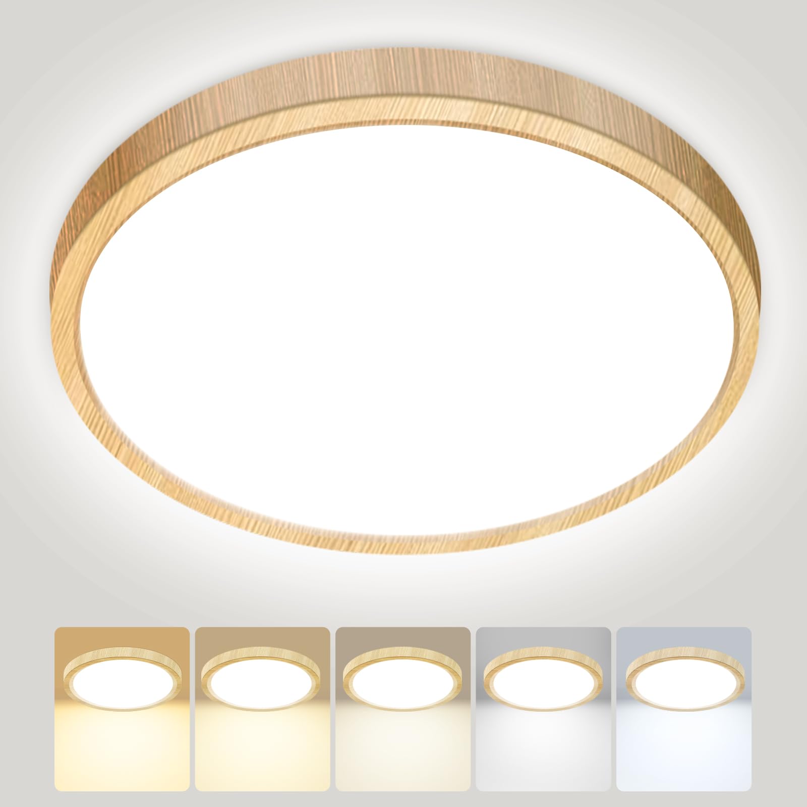 Peasur Bathroom Light, 3000K/3500K/4000K/5000K/6500K 5 Color Temperature LED Ceiling Light, 24W 2800LM, IP54 Waterproof, Round, Modern, Flush Ceiling Light for Bathroom, Kitchen, BedroomØ30CM(Wood)