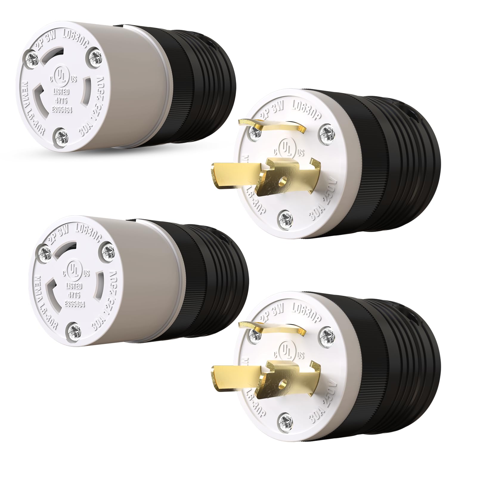 Juego de 2 enchufes y conectores NEMA L6-30P y NEMA L6-30R, generador de giro macho y hembra, 30 amperios, 125/250 voltios, conexión a tierra de 3 cables de 2 polos, certificación UL