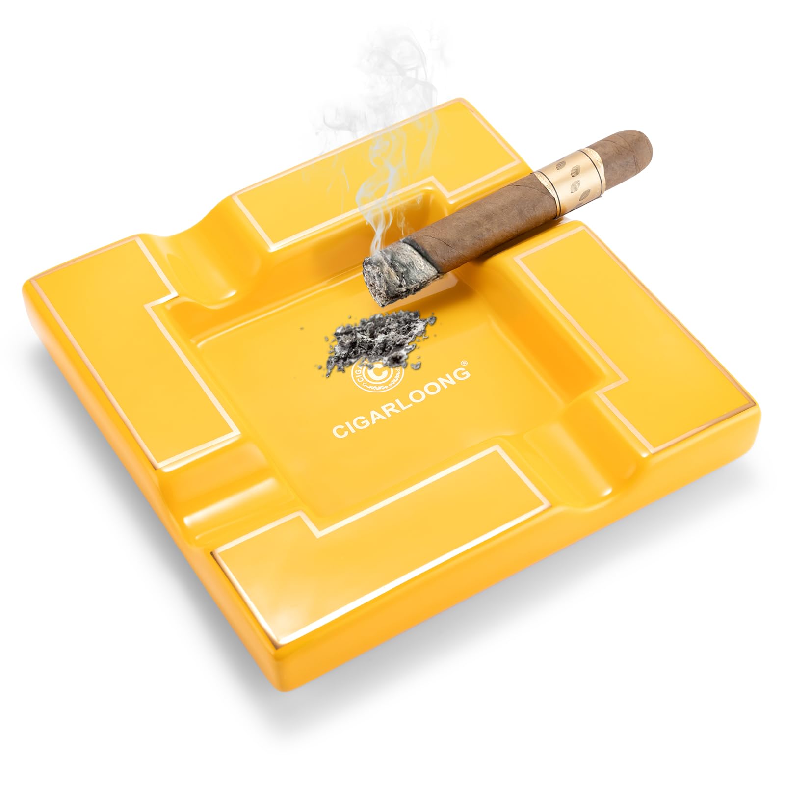 CLZOONG Cigar Ashtray, Ceramics Cigar Holders for Cigars, Large 4 Slots Rest for Household or Outdoors Use (Yellow)