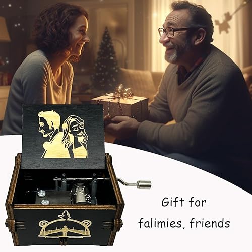 Miniatura 14 de Caja de música de manivela con tema de la película Lalaland, Caja musical de madera tallada, con tema central de la película Marrón