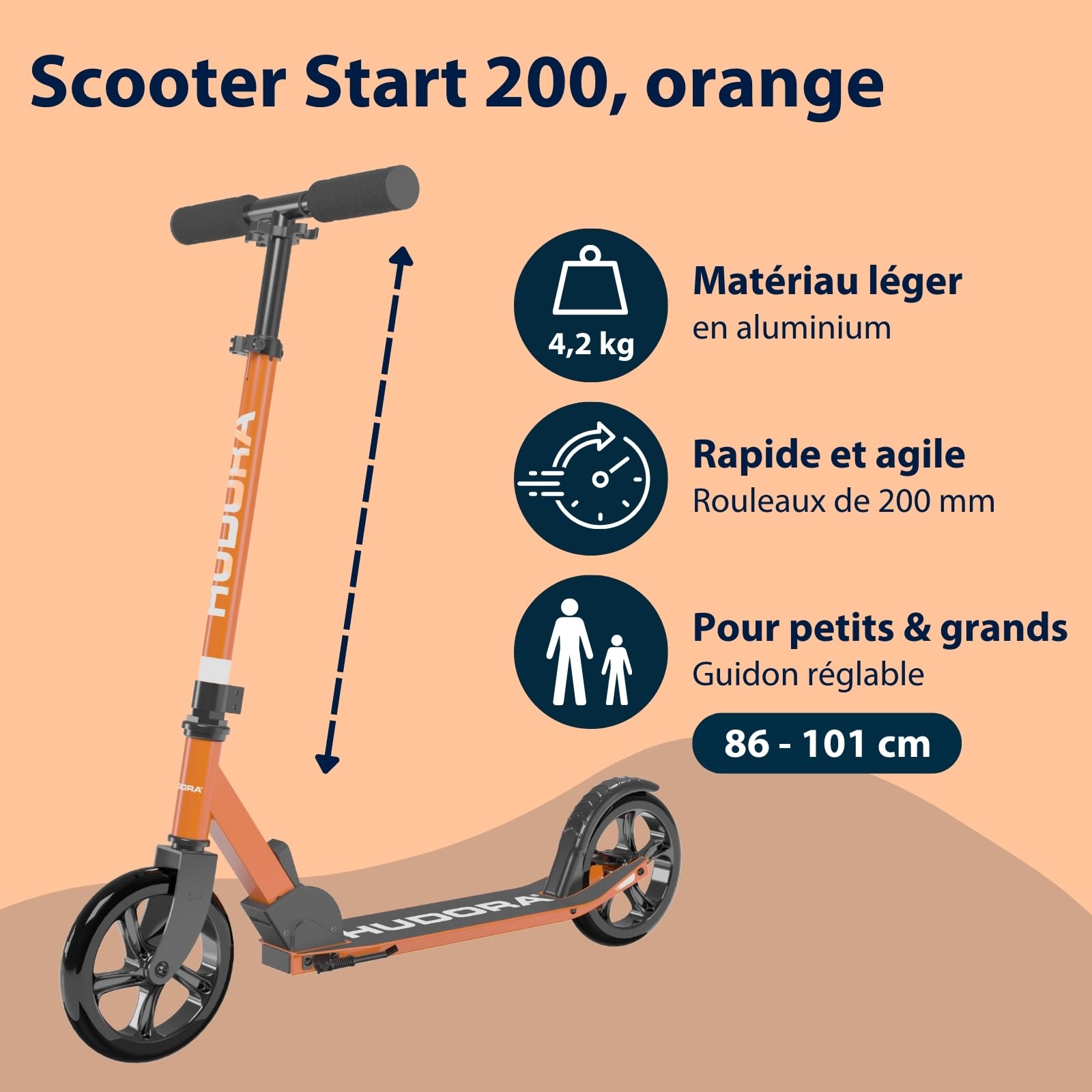 HUDORA Scooter Start 200 I Trottinette Robuste en Aluminium I Réglable en Hauteur et Pliable I pour Enfants et Adultes jusqu'à 100kg I Trottinette Solide avec béquille | Orange