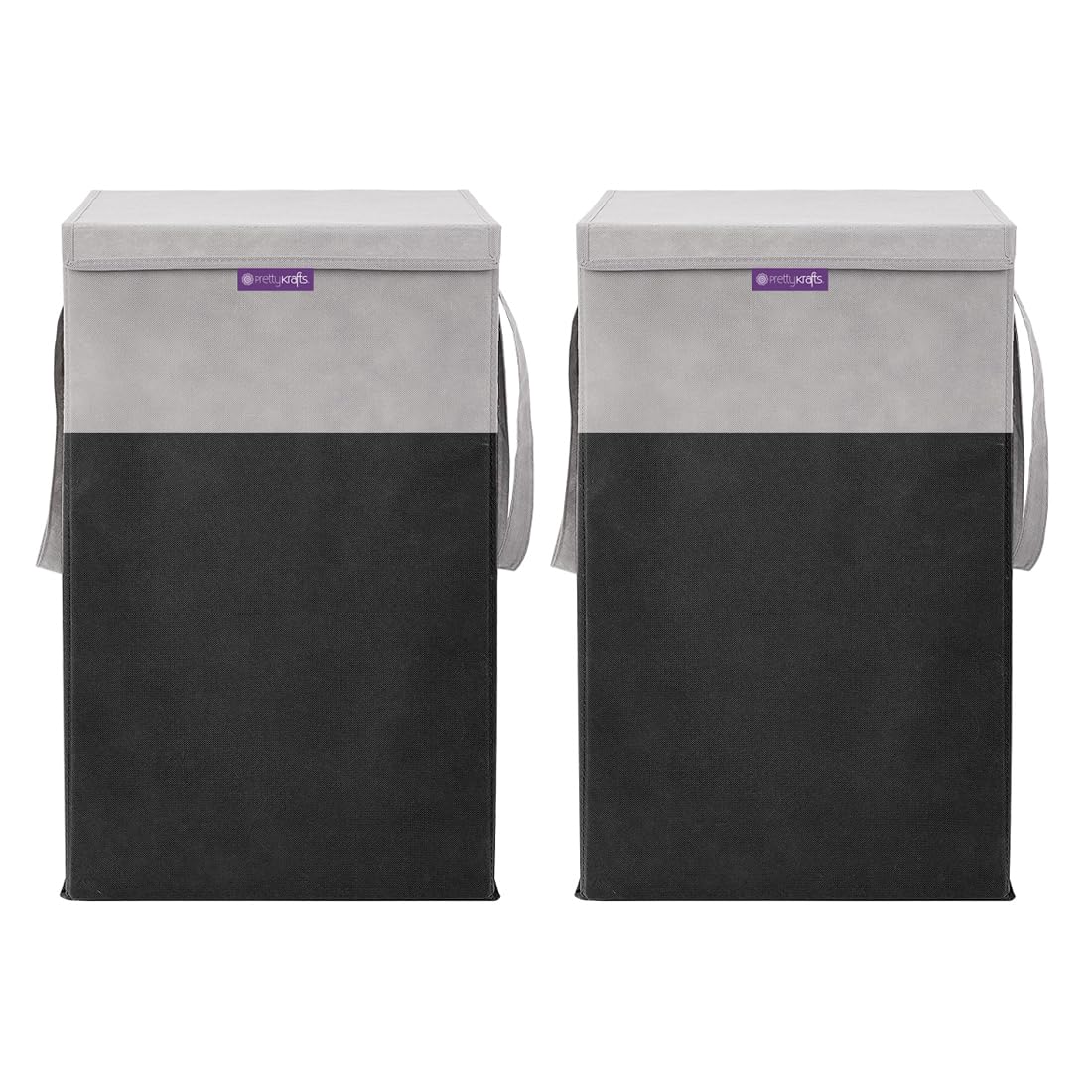 PrettyKrafts 75 L Non Woven Printed Rectangular Foldable Large Laundry Bag/Basket With Lid & Handle, Freestanding Clothes Storage Organizer for Bedroom, Dorm (36x36x53cm, Black, Set of 2)