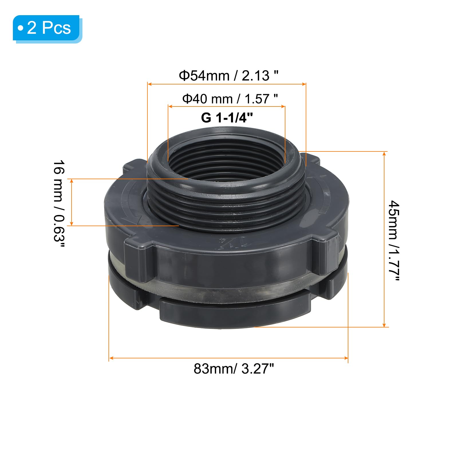 PATIKIL PVC Bulkhead Fitting G 1-1/4, 2 Pcs Double Threaded Bulkhead Water Tank Connector with PVC Seal Gasket for Rain Bucket, Sinks, Aquariums, Grey - Image 2