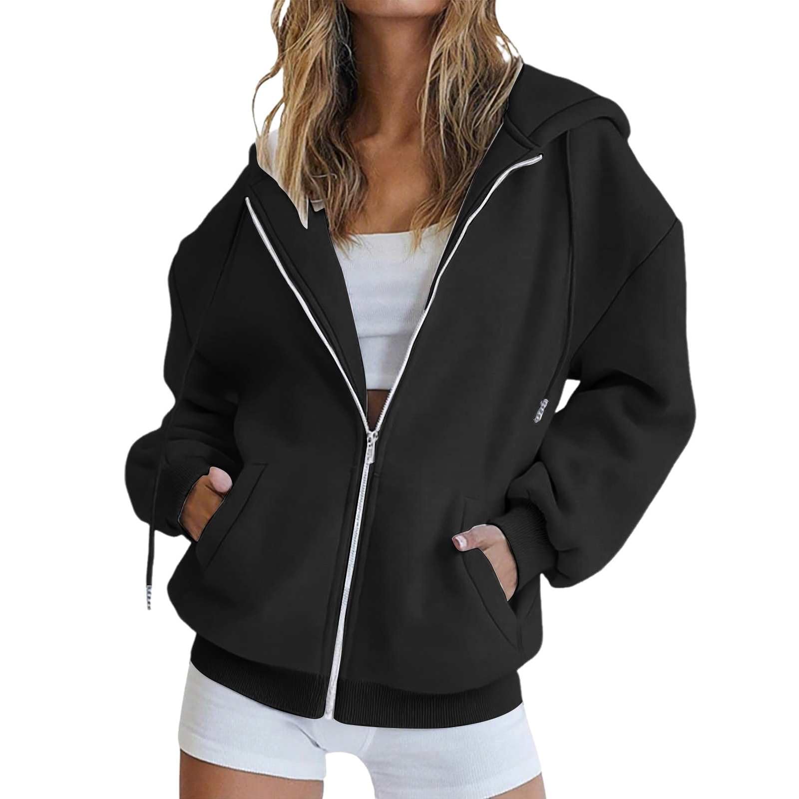 Générique Sweats à Capuche Femme Zippé Veste Hoodie Surdimensionné à Manches Longues Surdimensionné avec Poche Décontracté Ample Chic et Elegant Oversize Sweatshirts Manteau Streetwear Automne Hiver