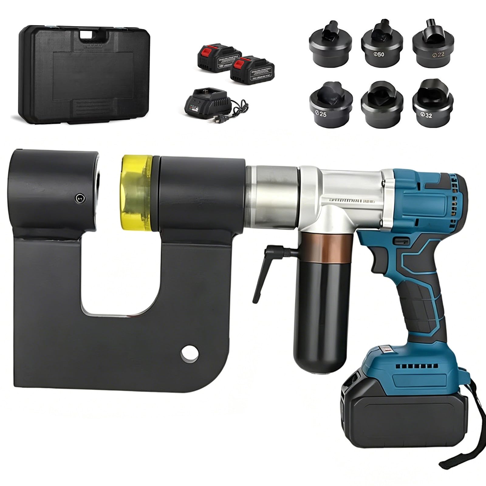 Punzonatrice Idraulica Portatile, Kit di Punzonatura a Batteria 21V con 6 Set di Punzoni e Matrici, 2 Batterie e Custodia Compatta per Trasporto - per Cantiere, Lavori Esterni e in Campo MZS 32B