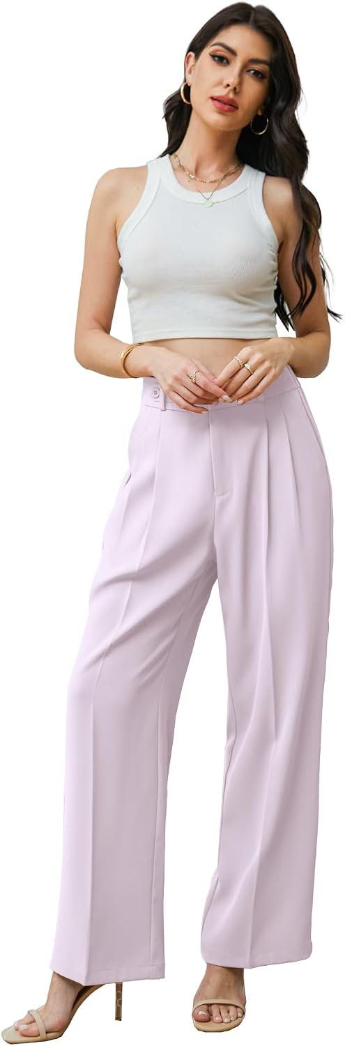 Betusline Women's Wide Leg High Waisted Long Dress Pants Business Casual Straight Office Trousers for Women, 1#Purple, Small