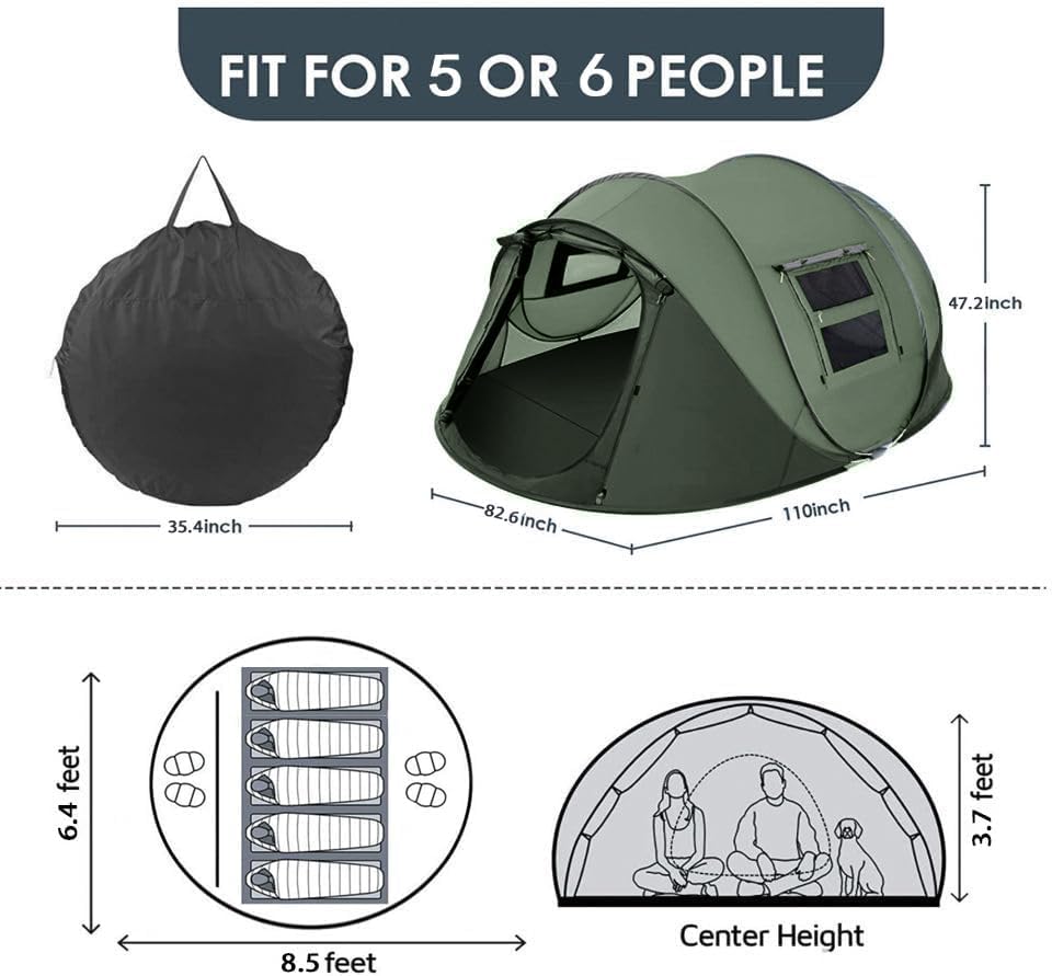 Tenda da Campeggio Pop-up Istantanea, Tenda per 5-6 Persone, Tenda A Installazione Automatica con 2 Finestre in Rete di Ventilazione, Tenda Familiare Parasole Impermeabile, Tenda A, Army Green