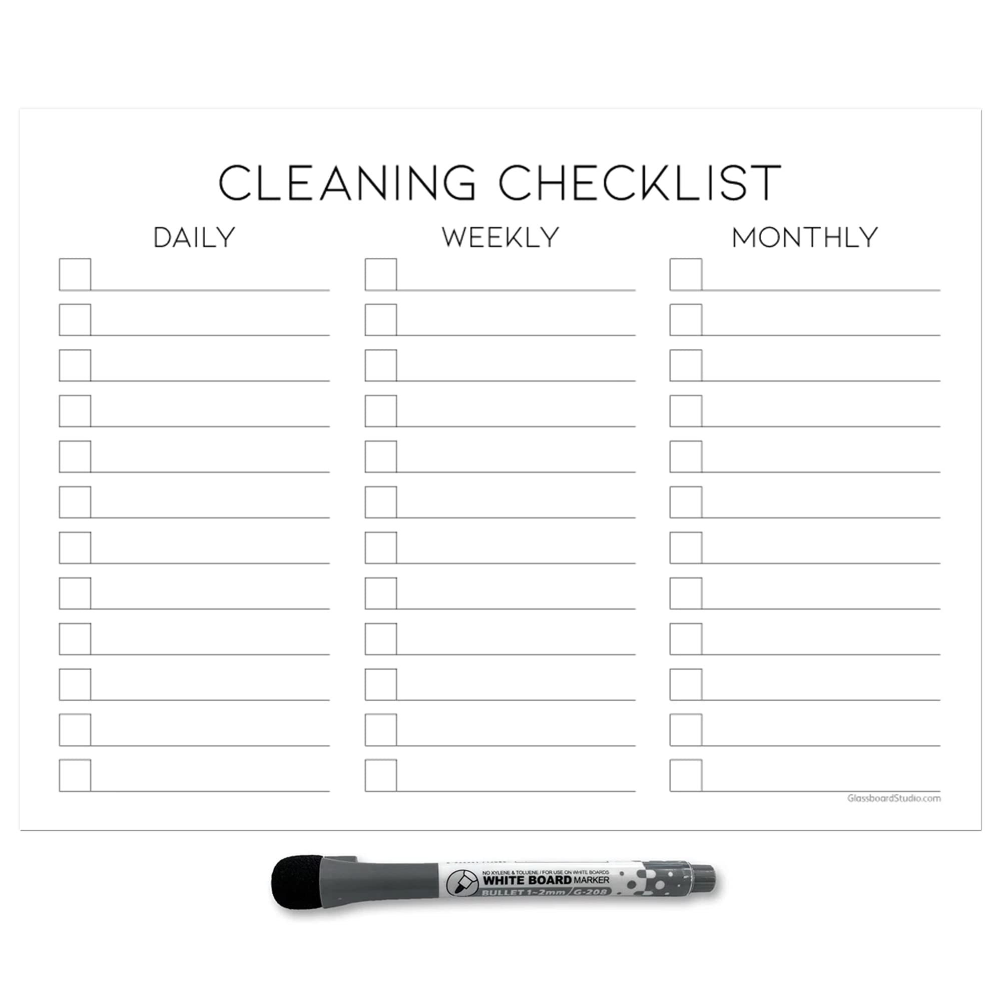 Glassboard Studio Dry Erase Cleaning Checklist Sticker Decal Planner Removable & Reusable | Magnetic Fine-Tip Dry Erase Marker Included (9 x 12 inches