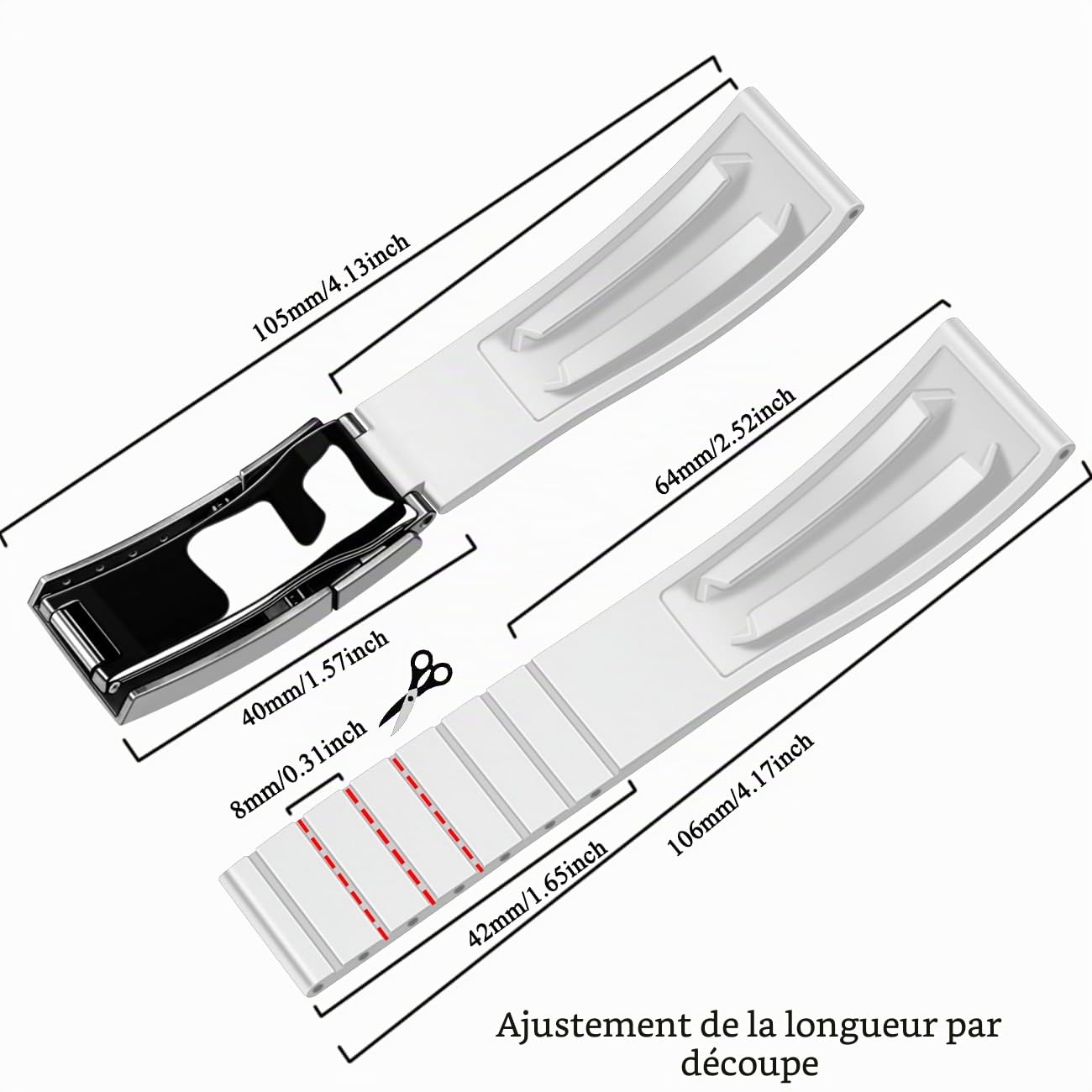 Kai Tian Bracelet de montre en silicone TPU de 20 mm pour homme et femme - Caoutchouc fluoré avec boucle déployante classique