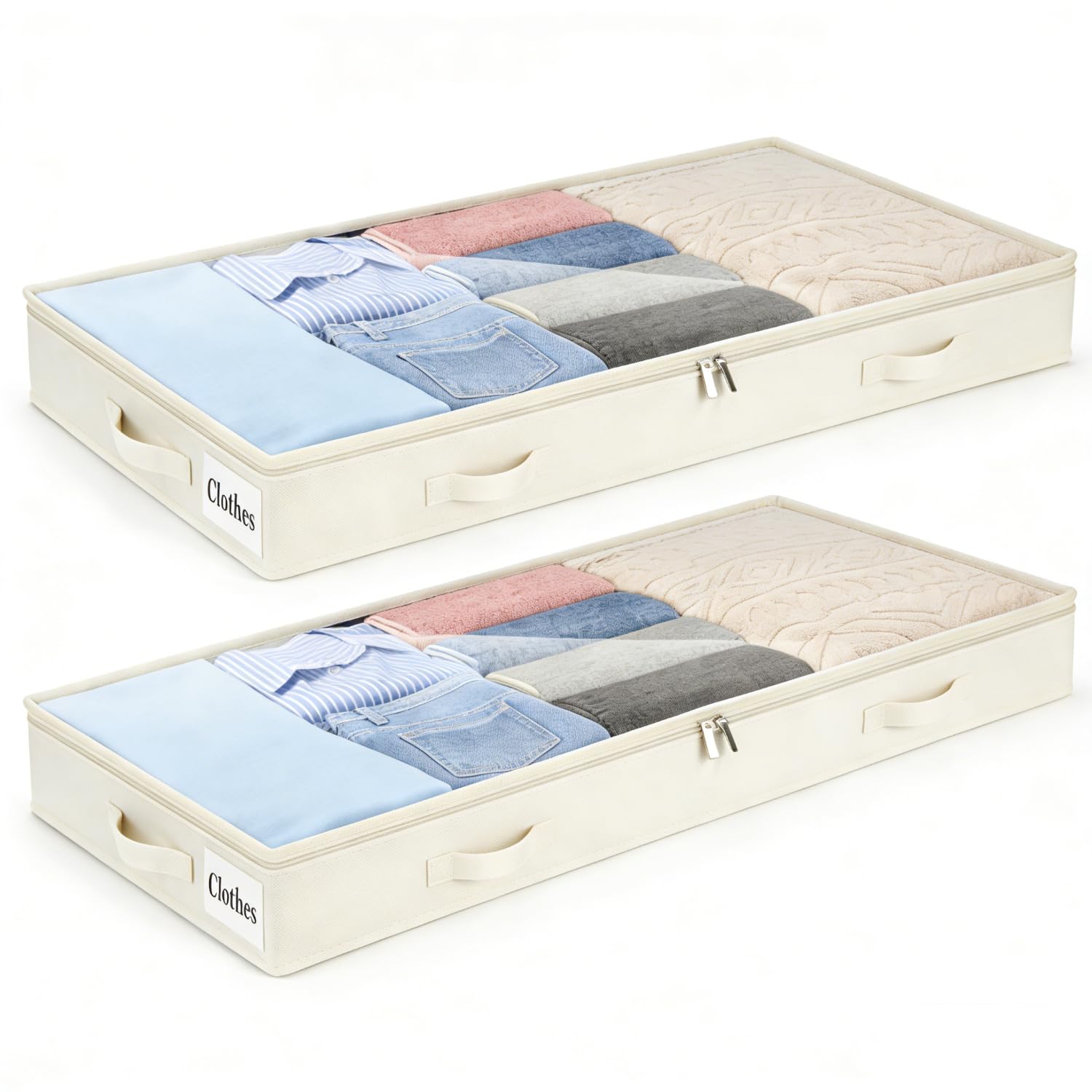 Kukikan White Underbed Storage Bags 2 Pack, 10Cm Tall Large Under Bed Storage Box With Zip, Foldable Shallow Wardrobe Storage Organiser With Clear Window & Reinforced Handle For Clothes, Blankets, Shoes, Bedding