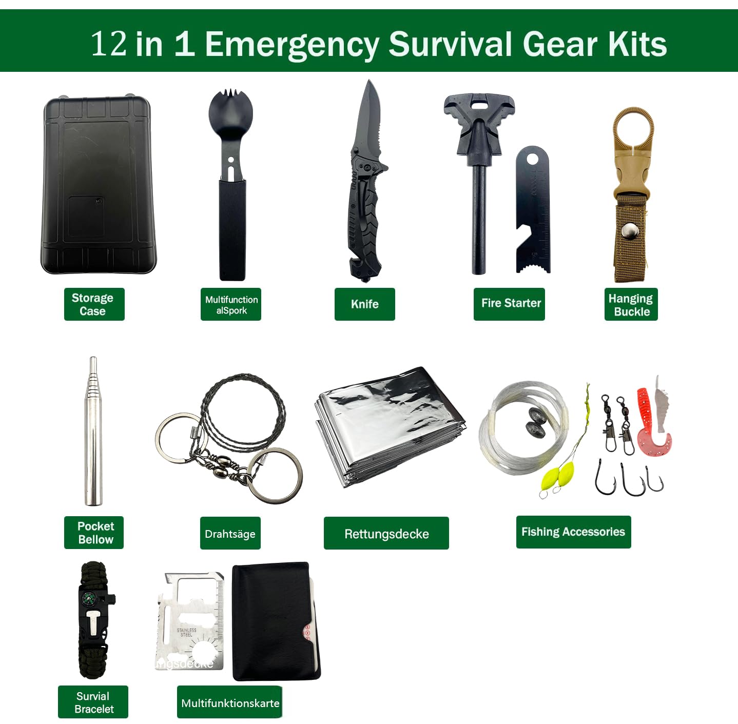 Survival Kit, Outdoor Erste-Hilfe-Set mit Klappmesser, Kompass, Angeln Zubehör für Camping, Bushcraft, Wandern, Bergsteigen, Schwarz