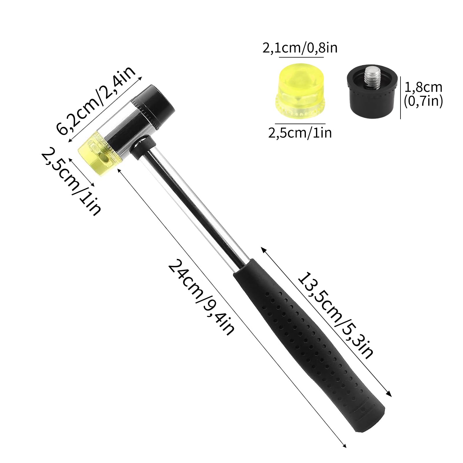 25 mm Martello Gomma, Piccolo Nylon Martello Con 2 Teste di Martello di Ricambio con Impugnatura in Gomma Antiscivolo, Per Legno, Plastica, Pelle