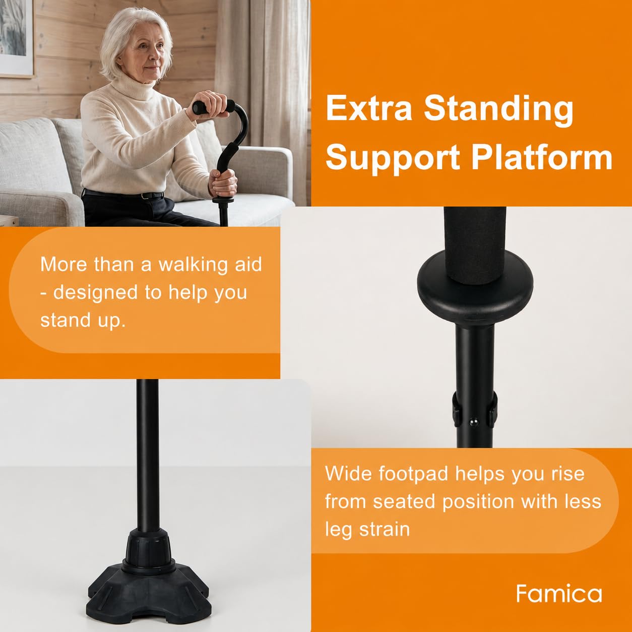 Stand by You - Bastón para ancianos y discapacitados, ajustable con mango acolchado suave, portátil, ligero, plegable, plataforma de apoyo extra de pie, almohadilla ancha