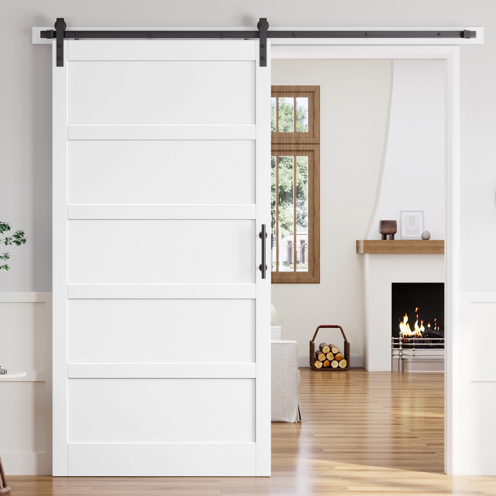 Photo 1 of ROYMELO 48x96 Inch White Sliding Barn Door Slab with 8ft Hardware Kit Included, 5-Panel, MDF Wood Panel Covered with Water-Proof Scratch-Proof PVC Surface, Simple DIY Assembly