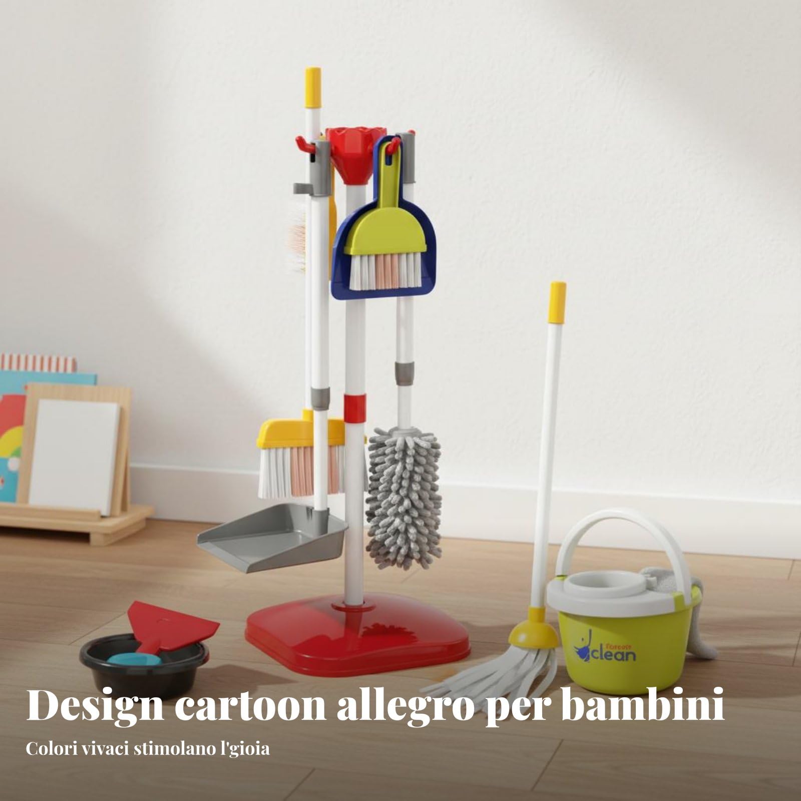 Aspirapolvere Giocattolo Bambini Fornito con Mop Scope Paletta Secchio Elementi Organizzabili Struttura Solida Funzione Stimolante Adatto per Sviluppo, Set 667-59