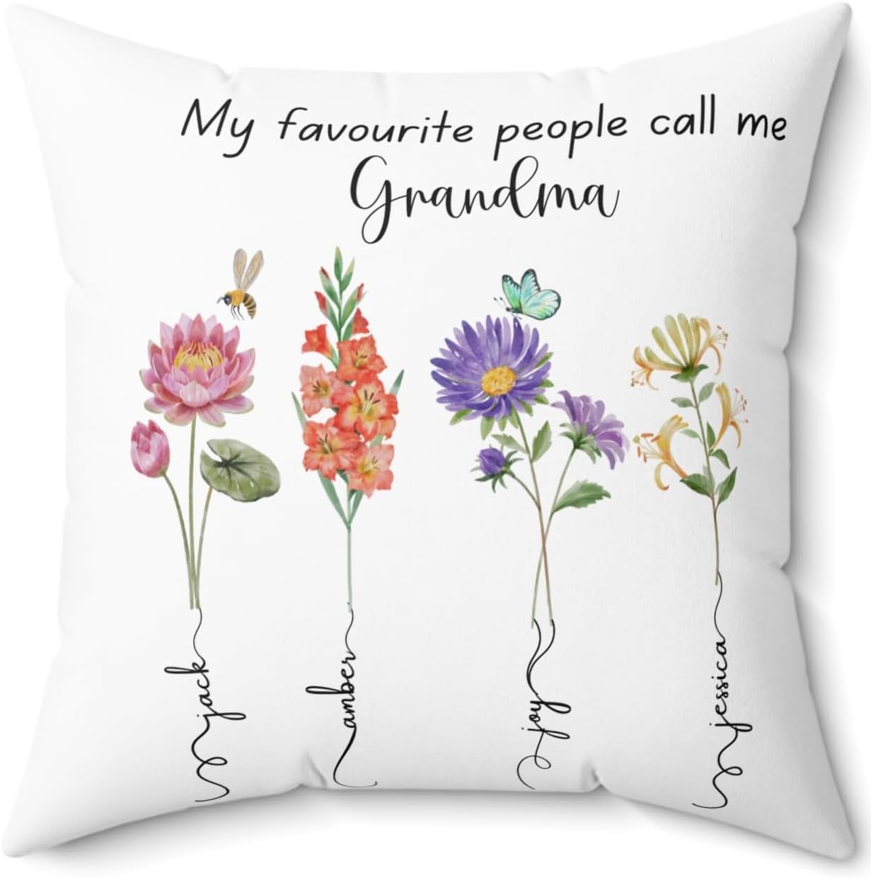 Custom Gift for Grandma or Mama with Grand Children or Kids Names & Birth Flowers Personalized Pillow Present for Grandmother for Birthday Mother’s Day Thanksgiving Christmas from Grandkids