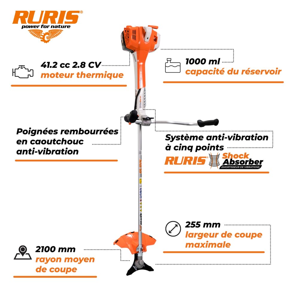RURIS Power for Nature Débroussailleuse Thermique RR400C 2 Temps 41,5 cm3, 2,8 CV, 255mm - Harnais Dual Balance, Système Antivibrations 5 Points, Orange