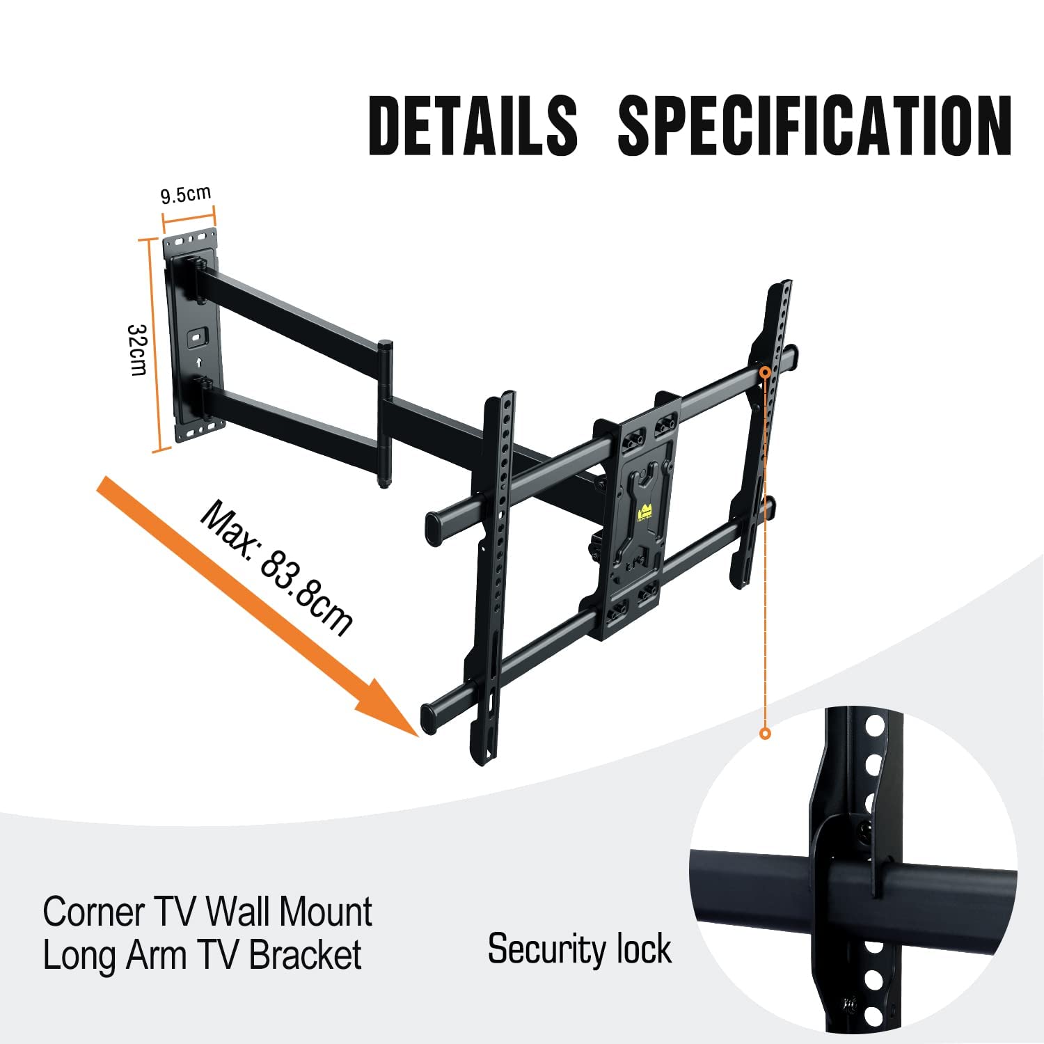 FORGING MOUNT Supporto TV Parete con Braccio Extra Lungo 820mm per Schermi piatti/curvi da 32-75 Pollici fino a 50KG, Staffa TV Girevole Inclinabile Orientabile, Max VESA 600x400mm