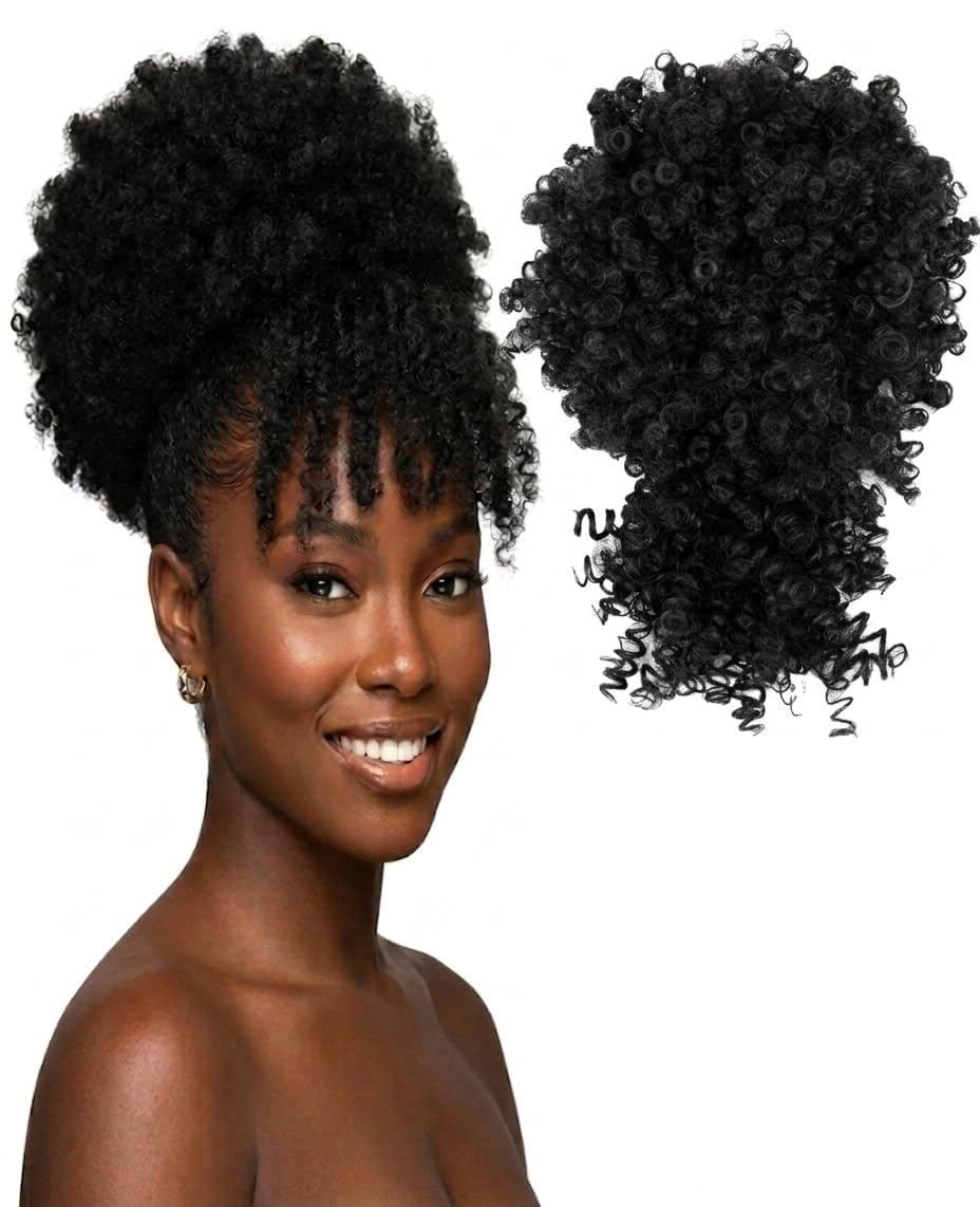 Coda di cavallo con cordoncino, per donne afroamericane, coda di cavallo con frangia, coda di cavallo corta riccia, chignon, extension per capelli (1#)