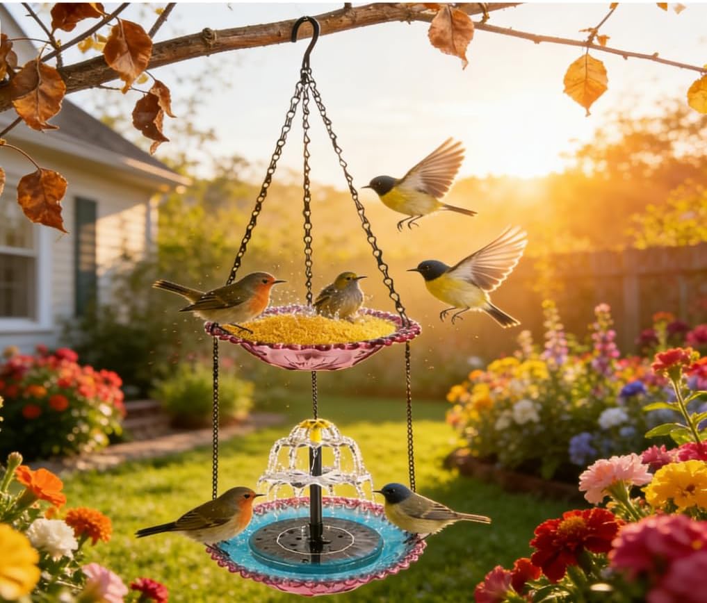 Double Layer Solar Cascade Hanging Bird Bath Fountain Wildlife Feeder Outdoor Hanging Bird Bath with Solar Fountain for Outdoor Garden Backyard Patio Lawn