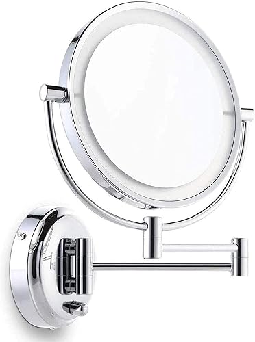 BAKYAR Wall Mounted Makeup Mirror with Lights and 10X Magnification, Double-Sided 360 Degree Swivel Magnifying Vanity Mirror, 8 Inch Bathroom