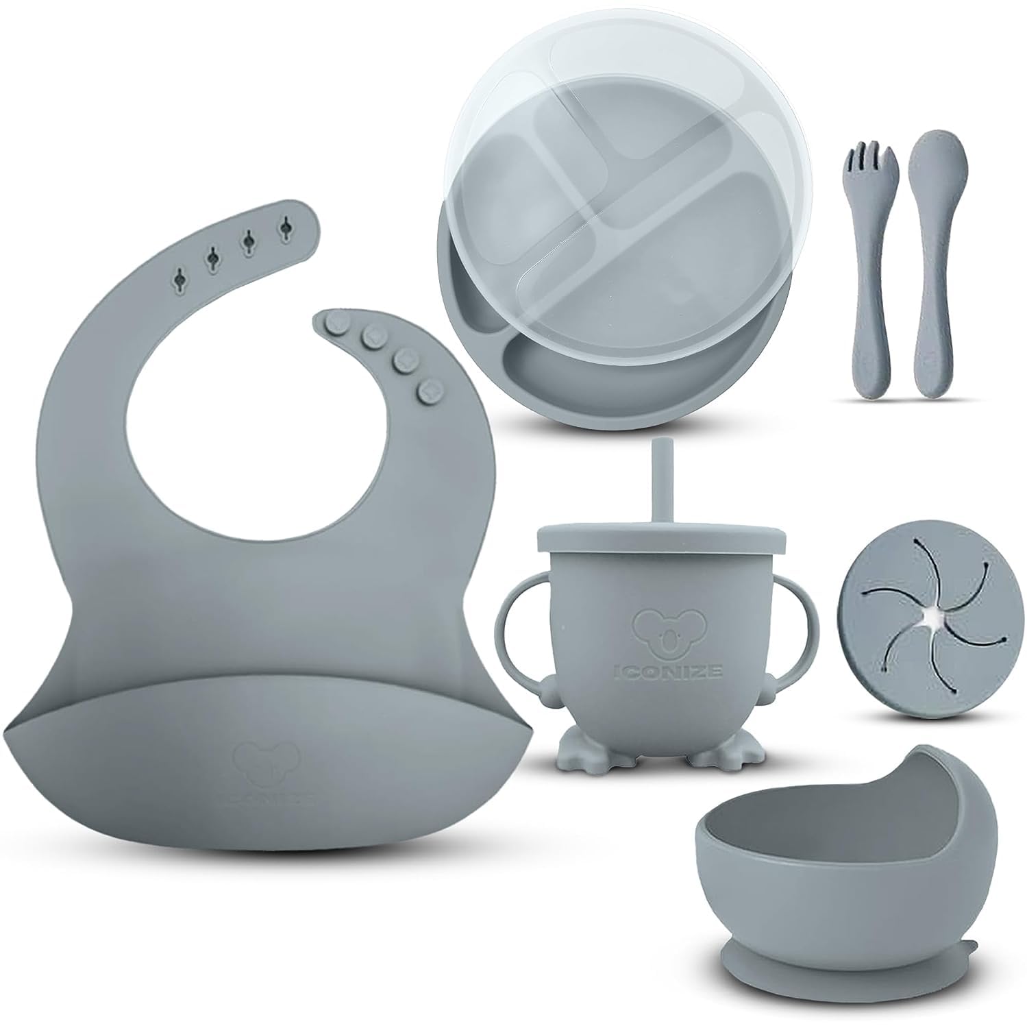 ICONIZESilicone Baby Feeding Set | | Includes divider Plate with Lid, Bib, Spoon, Fork, Bowl, and Cup with 2 Lids