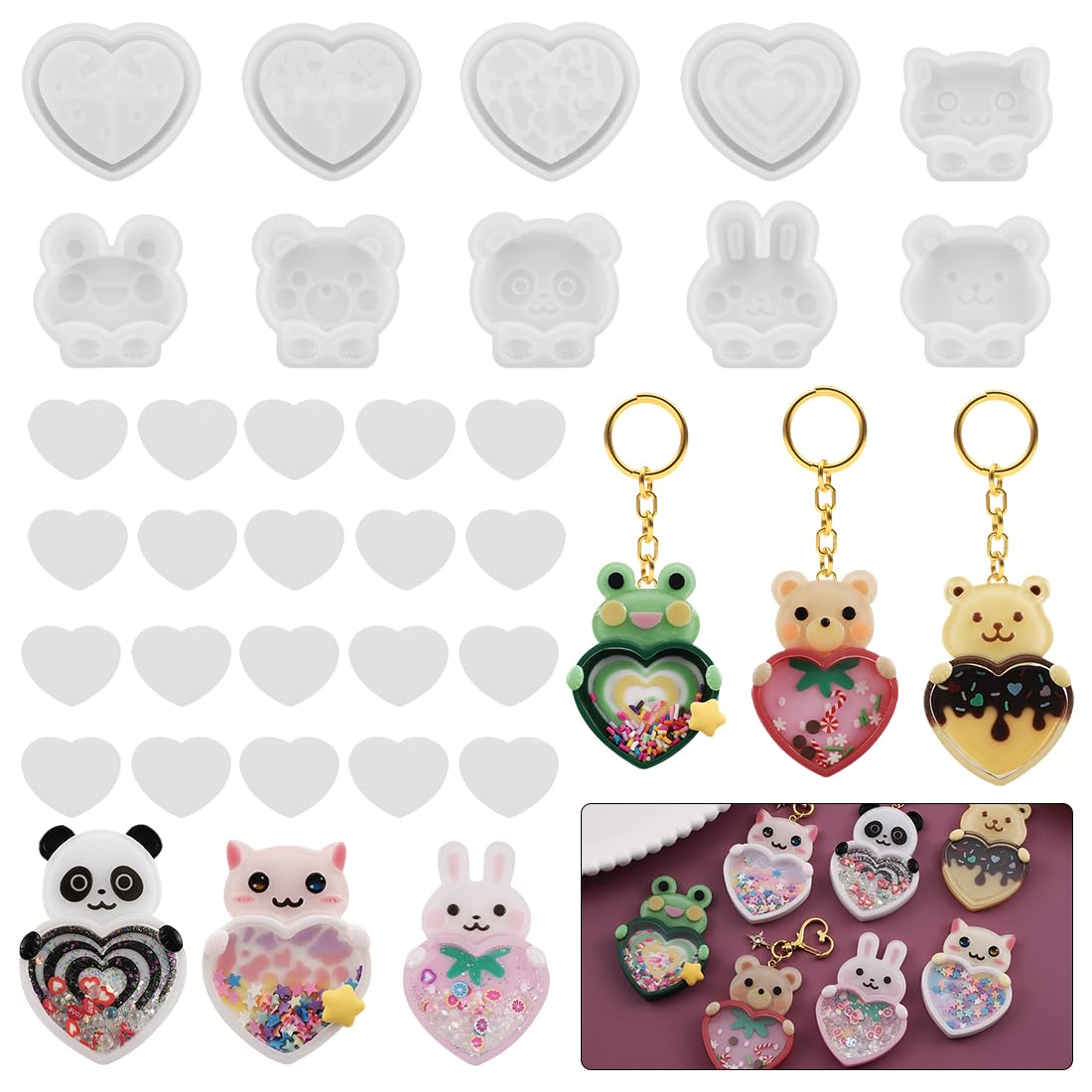 Voyyphixa 10 Pcs Heart Resin Shaker Molds with Animal Epoxy Resin Molds Set Silicone Quicksand Moulds with 20 Pcs Seal Film Silicone Casting Molds for
