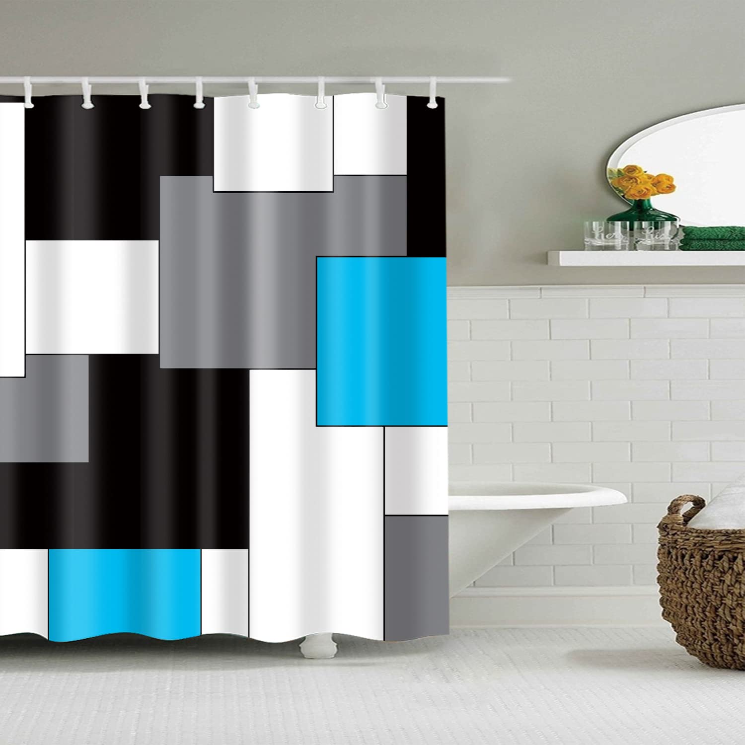 BOYOUTH Black,Grey,Sky Blue,White Geometry Pattern Digital Print Shower Curtain for Bathroom Decor,Polyester Waterproof Fabric Bath Curtain with 8 Hooks,47x70 Inches,Multicolor