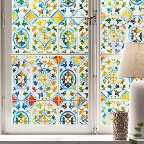 LEMON CLOUD Window Privacy Film, 3D Stained Glass Window, Static Cling Window Sticker, Non-Adhesive Heat Control Window Film Decorative for Home, Glass Door (Retro Style,23.6 x 35.4inch)