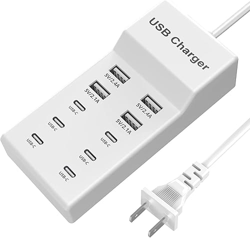 Cargador USB C, estación de carga USB de 10 puertos con cargador USB-C de 6 puertos, cargador USB multipuerto de escritorio de 50 W, compatible con