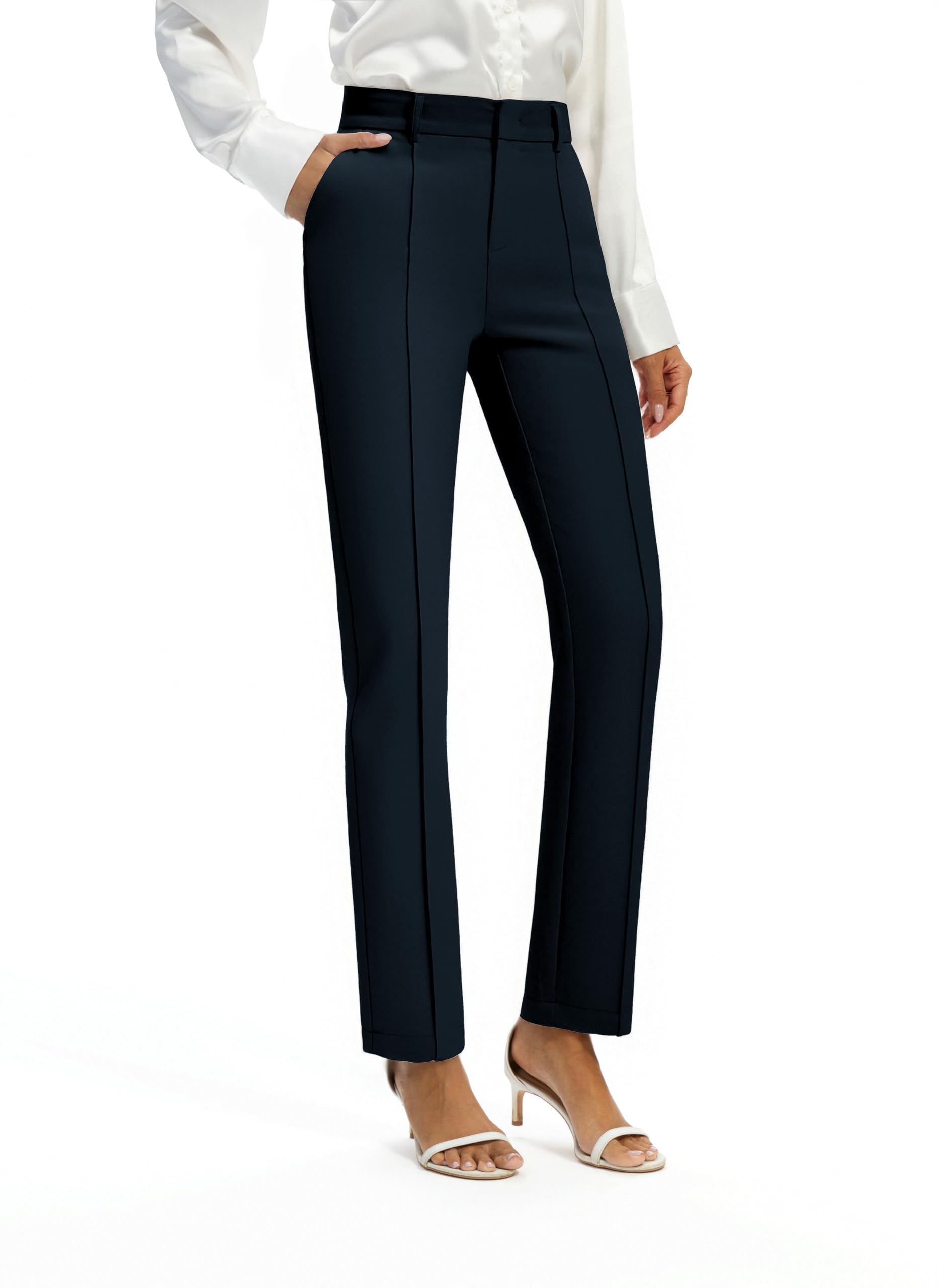 FUNYYZO Women Office Daily Pants High Waisted Work Pants Dressy Casual Straight Leg Elastic Waist Suitpants