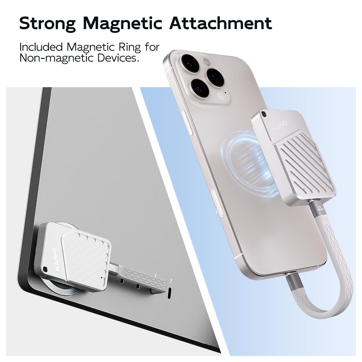 MAIWO 512GB Magnetic Portable SSD 2050MB/s USB C 3.2 GEN2x2, External Solid State Drive for iPhone15/16/Mac/iPad/Android/Windows, Aluminum, Support 4K ProRes Video Record