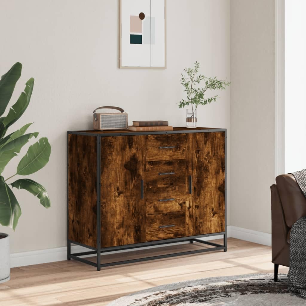 Credenza Rovere Fumo 92x35x76 cm in Legno Multistrato e Metallo