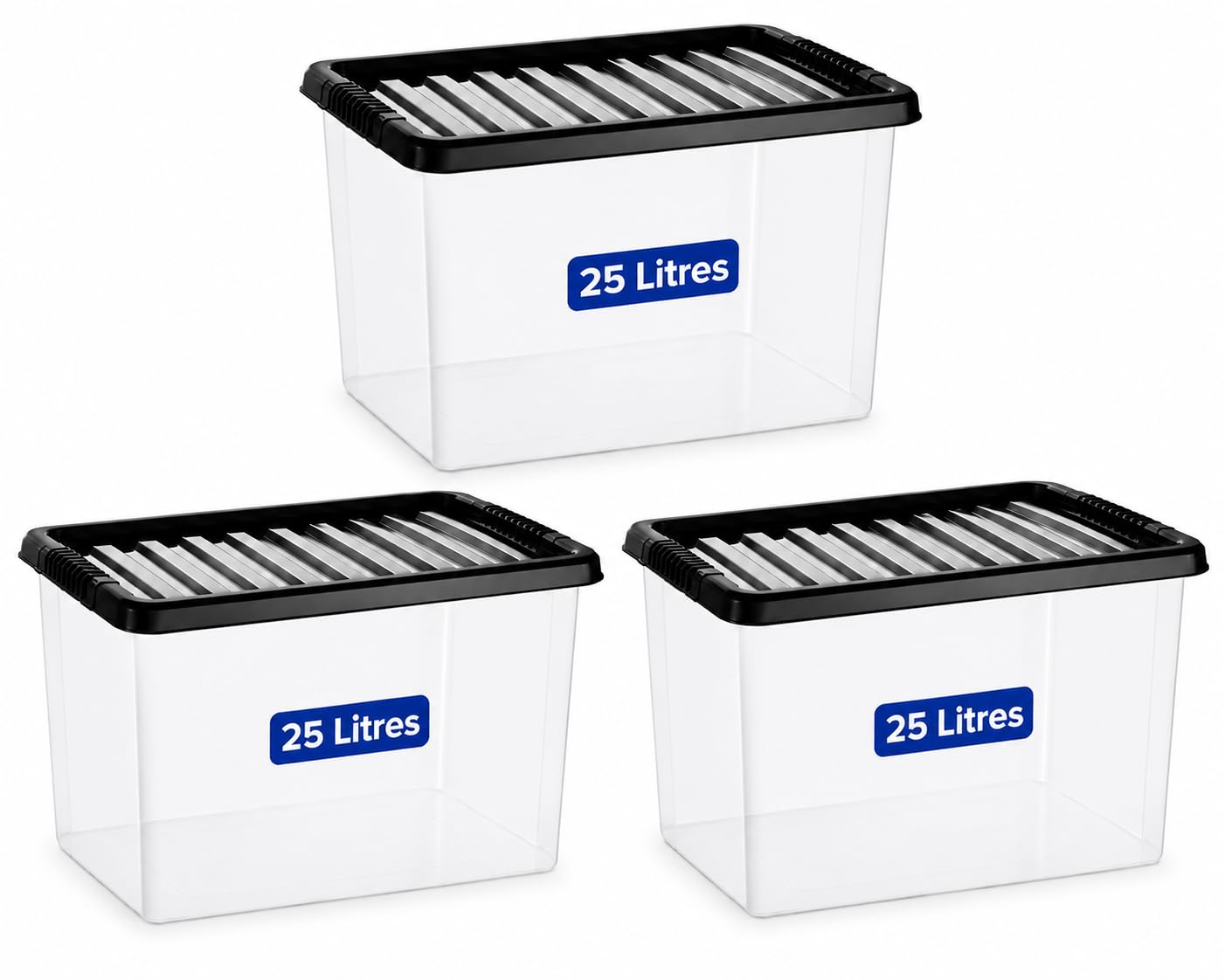 KAPCO 3 x 25 Litre Plastic Storage Boxes With Black Lids Set of 3, Strong, Nestable Stackable, Durable Storage Box With Lid | Clear Plastic Containers For Home, Kitchen, Garage, Office | (25L/3 Pack)