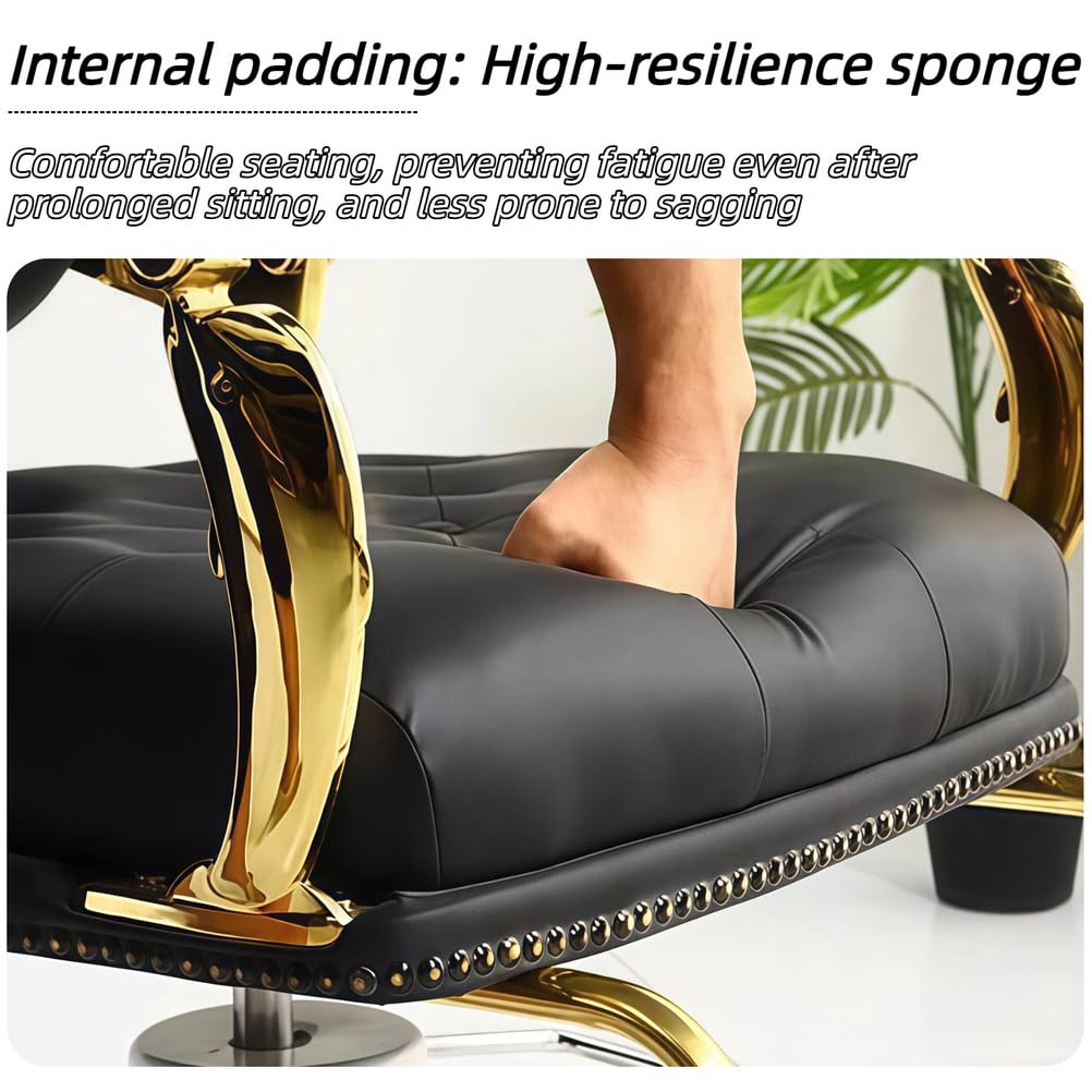 Wyposażenie salonu kosmetycznego, vintage fotel barberski, fotel barberski hydrauliczny podnośnik, obrót 360°, sztuczna skóra PU, do stylizacji,Black,Gold Plated