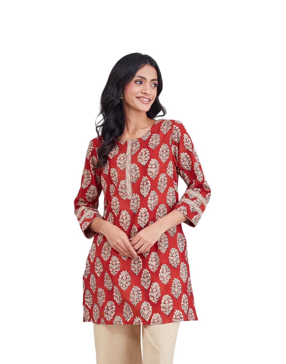 Women Fabindia Women's Maroon Cotton Printed Bagru Slim Fit Short Kurta-picture-12