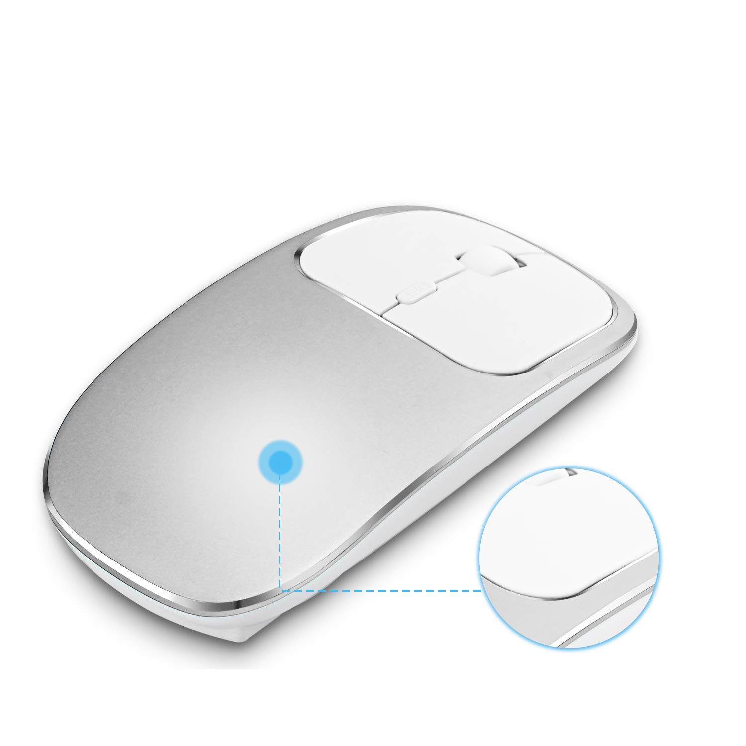 Zienstar-Ultra Thin Rechargeable Wireless Mouse with USB Receiver,Silent Click, Aluminum Alloy Top Shell,600Mah Lithium Battery for MacBook,Laptop and Computer PC (Silver)