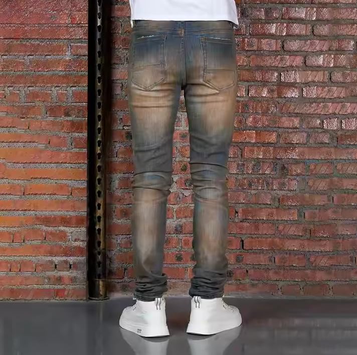 Men's Slim-fit Mid-Rise Denim Jeans with Tie-dye and Holey Design, Hip-hop Streetwear Men's Jeans4