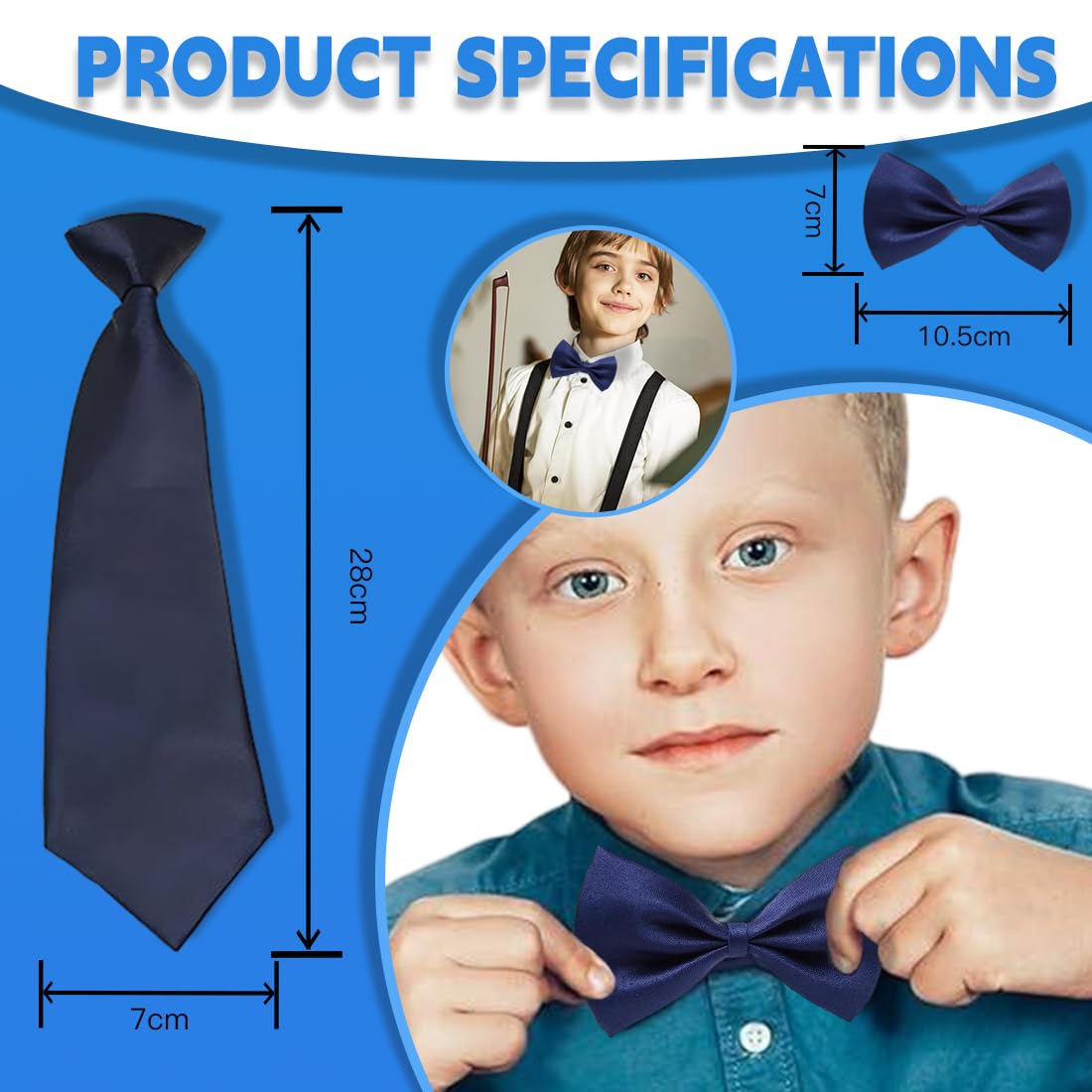 Pajarita Infantil, Corbata para Niños, Pajarita y Corbata Pre-Atada Ajustables de Seda para Graduaciones y Bodas,¡Ideal para cualquier ocasión especial,Azul Marino