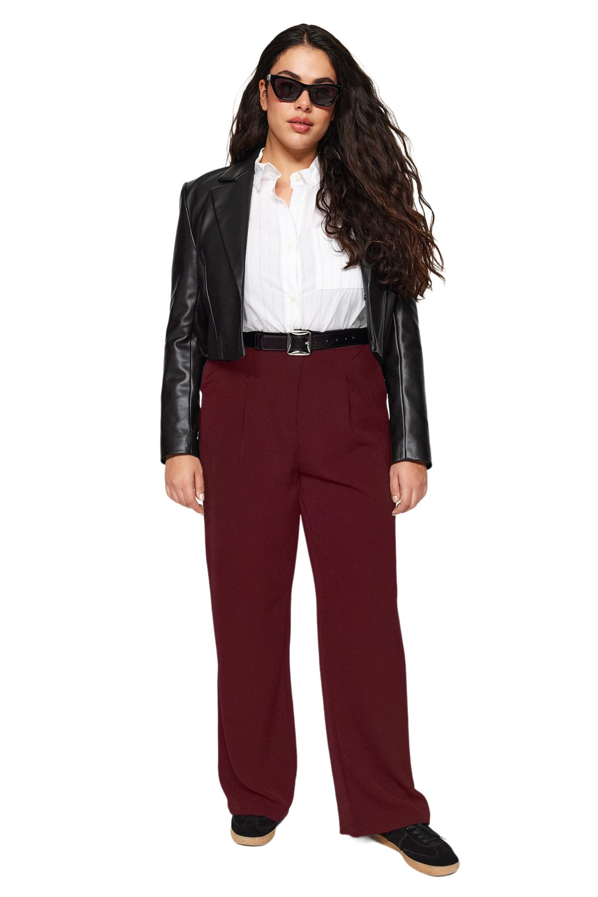 Trendyol Women Plus Size High Waist Wide Leg Wide Leg Plus Size Pants Burgundy
