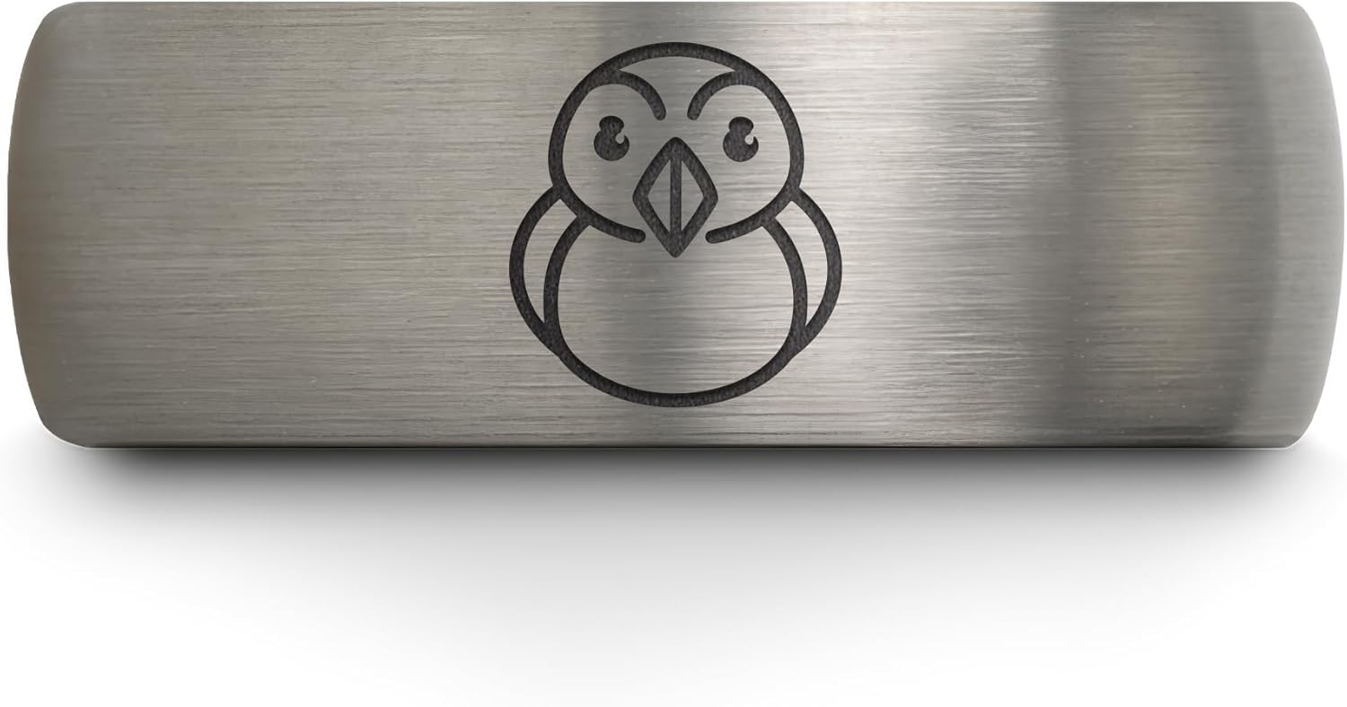 Puffin Ring - Gift for Bird Fan - Flat Dome Bevel - Personalized Custom Engraving - Men Women - Black Yellow Gold Silver - Brushed Polished - Tungsten Carbide - Band - 8mm - Anniversary Wedding