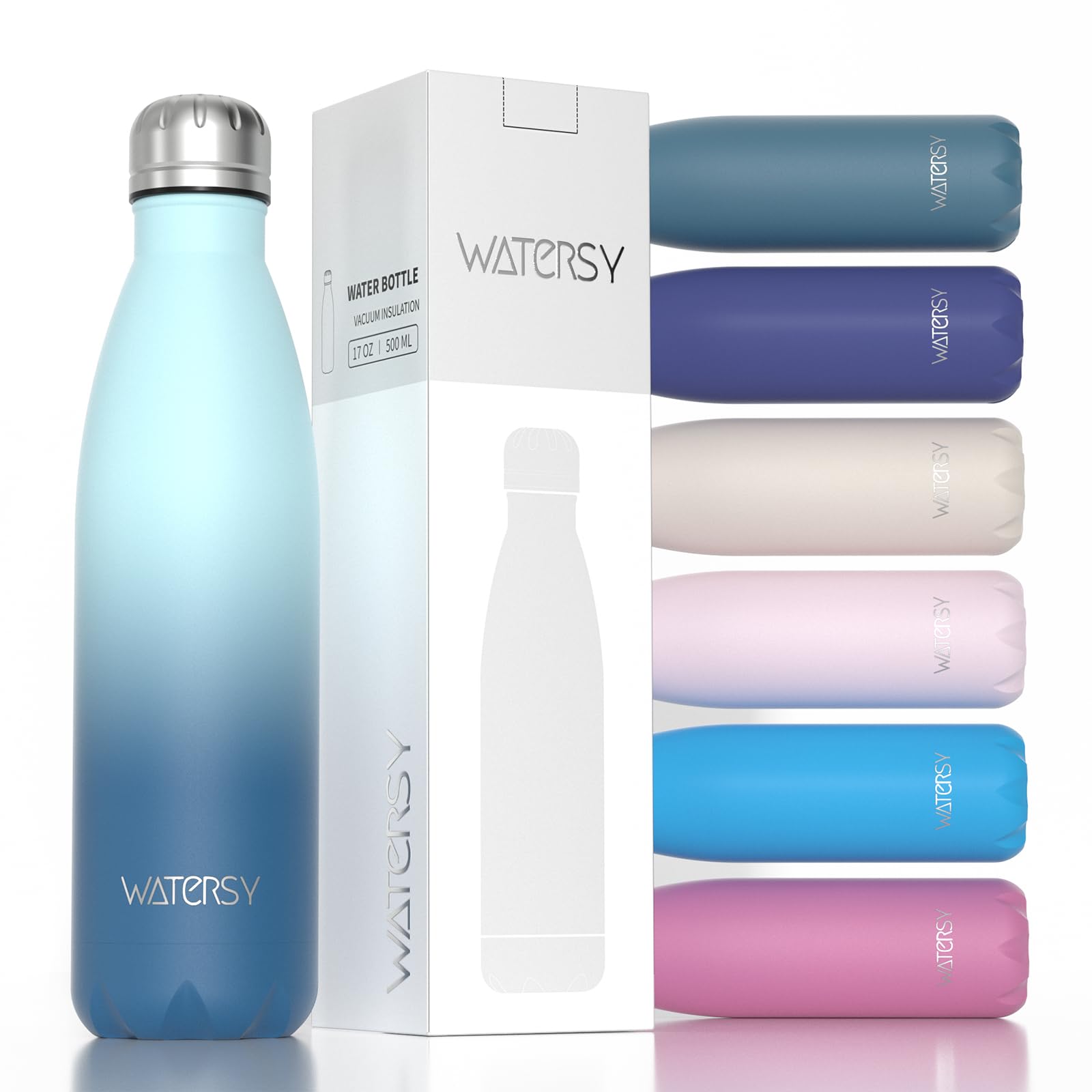WATERSY Trinkflasche Edelstahl 500 ml, Thermosflasche Kinder，BPA-Frei Thermo Trinkflasche Kalt&Warm Auslaufsicher Trinkflaschen Metall，Wasserflasche Doppelwandig Sport für Sprudel, Zwei Blau