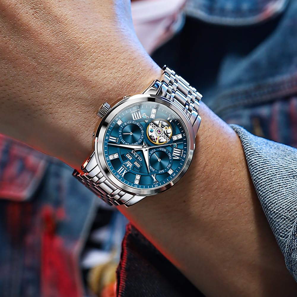 OLEVS Herren Automatikuhr Diamanten Tourbillon Skelett Luxus Edelstahl-Armbanduhr mit Kalender, 30M wasserdicht Leuchtzeigern Mechanische Selbstaufzugsuhr für Business/Abendmode im Geschenkbox