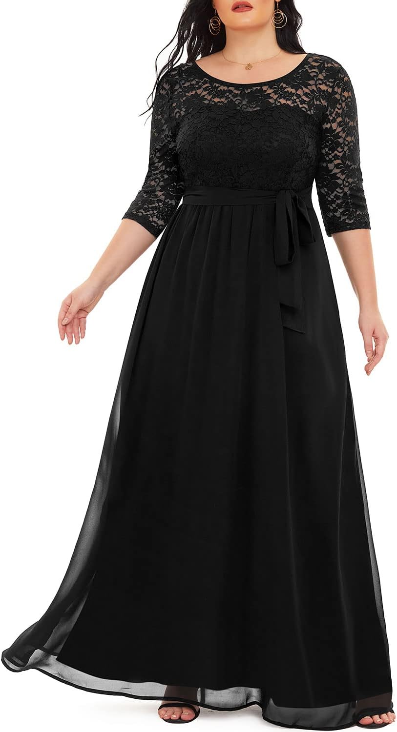 Women's Plus Size Lace Chffon Long Maxi 3/4 Sleeve V-Back Formal Dress - Image 4