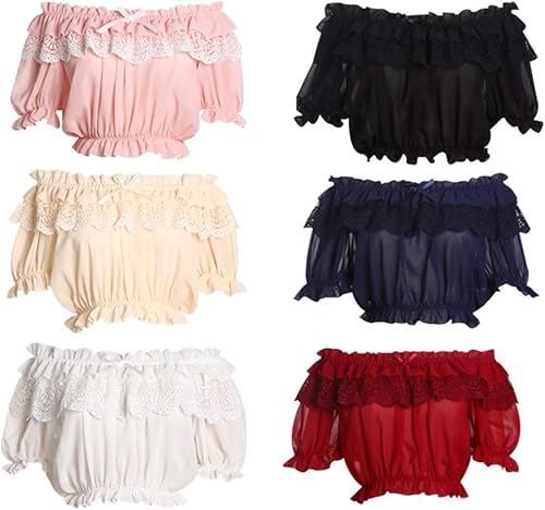 Miniatura 3 de Blusa corta de gasa con volantes Lolita para mujer, color blanco, negro, rojo vino, azul, albaricoque, manga abombada, con encaje