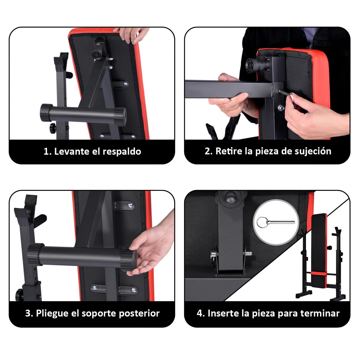 Banco de Pesas Negro y Rojo, Gimnasio, Press de banca. Pecho, triceps. Musculación Plegable Ajustable con Soporte de Barras para Mancuernas Dips, Gimnasio en Casa