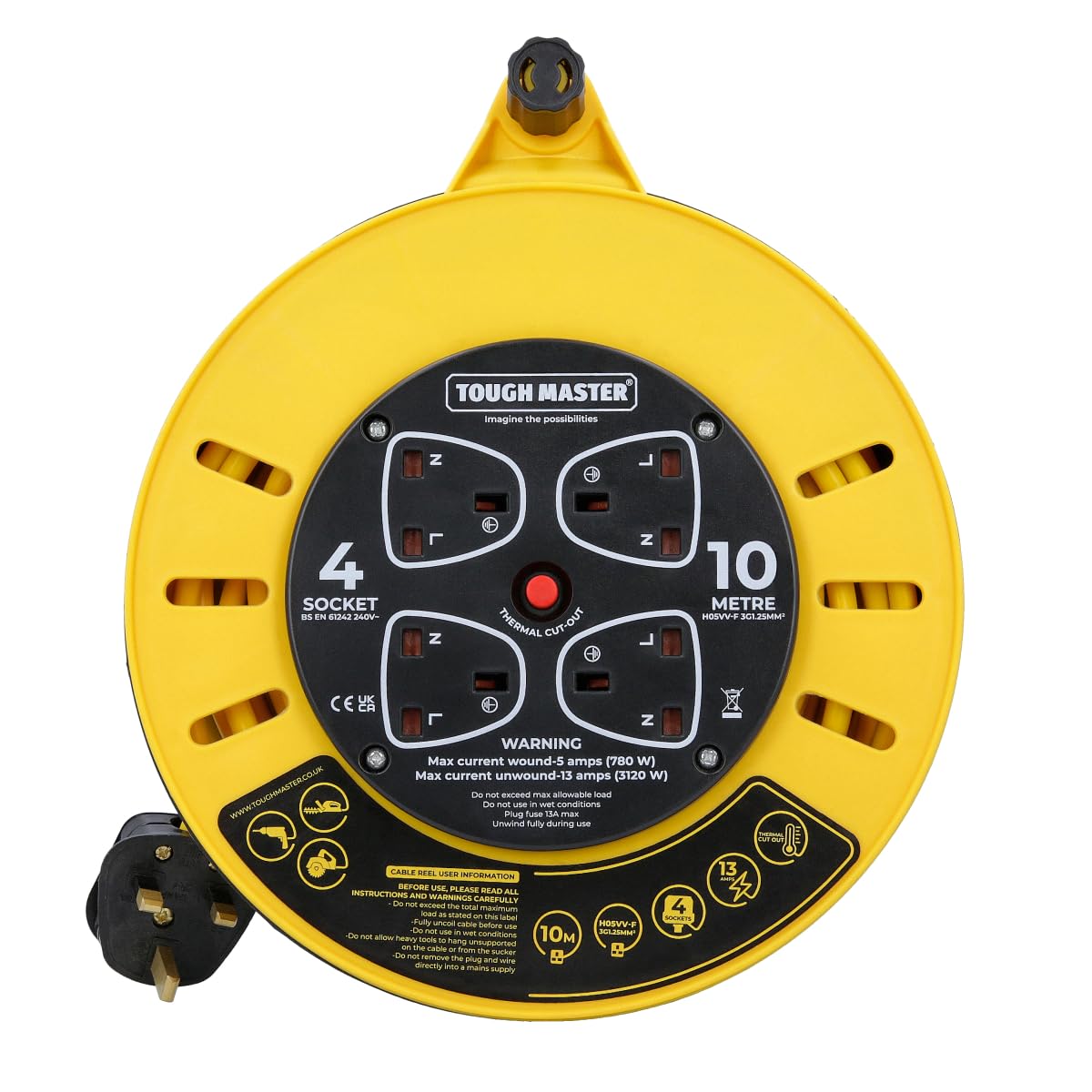 Tough Master Cable Reel 230-240V 4 Socket Uk Extension Lead With Thermal Cut Out10 Metres (Tm-Ecr10) from B&Q